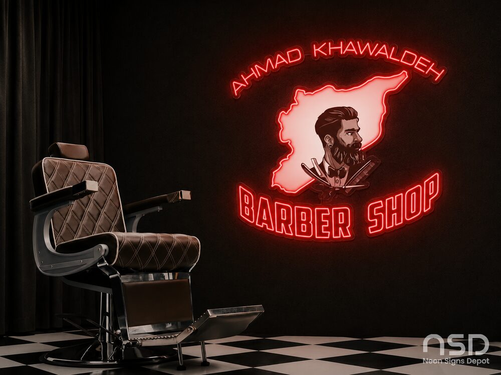 Ahmad Khawaldeh Barber Shop, custom red barbershop neon sign