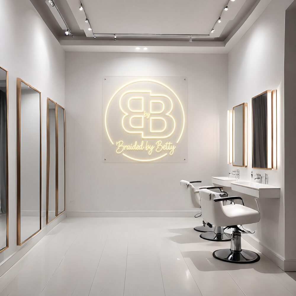 Braided by Betty, custom warm-white hair salon neon sign in a styling studio