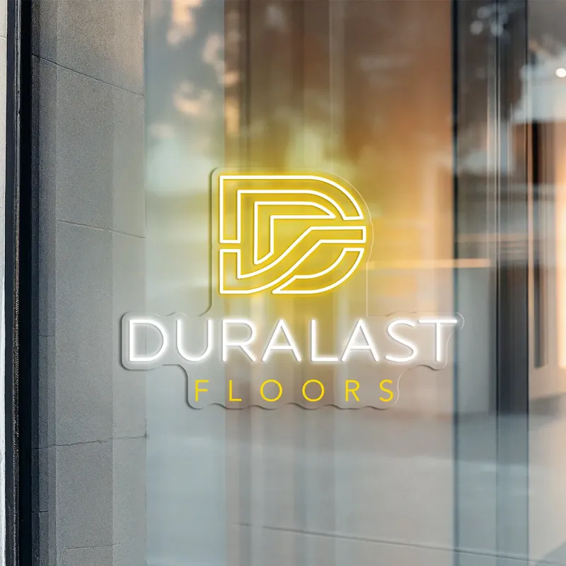 Duralast Floors custom logo neon sign in yellow and white