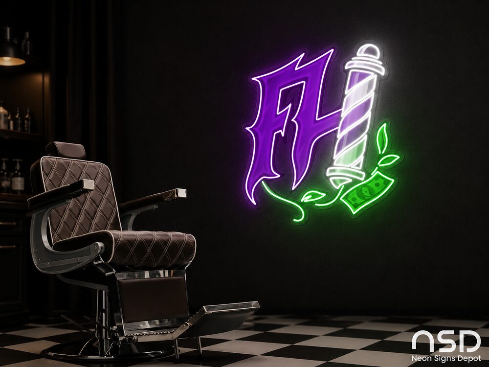FH, custom barbershop neon sign with purple lettering and barber pole
