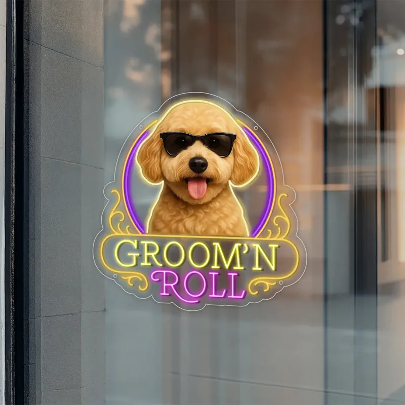 Groom'n Roll pet grooming custom neon sign with poodle logo