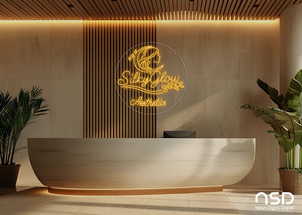 Silky Glow Aesthetics, custom warm-gold beauty spa reception neon sign