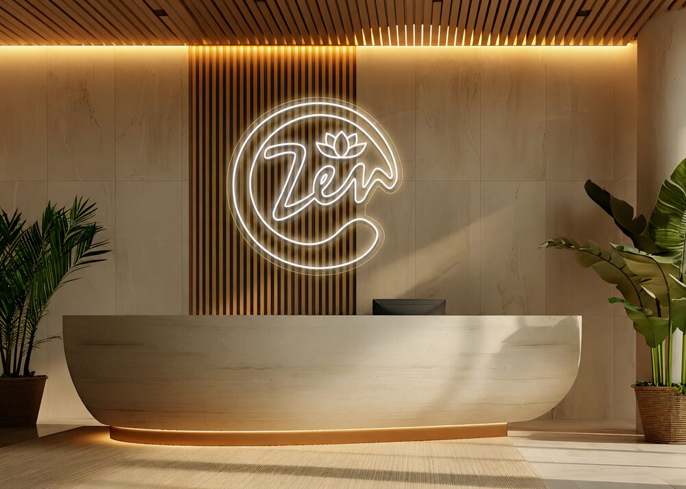 Zen, custom white lotus spa reception neon sign