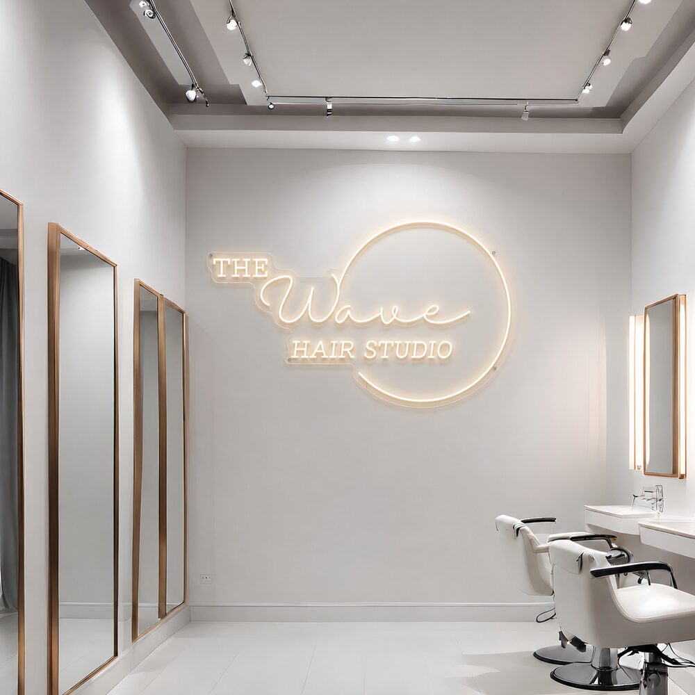 The Wave Hair Studio, custom warm-white hair salon neon sign